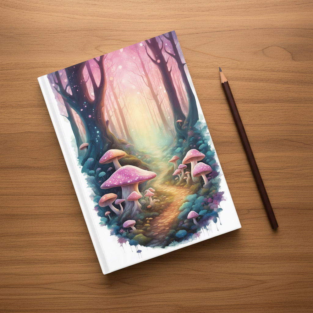 A spiral-bound notebook with a colorful fantasy forest cover illustration featuring pink mushrooms and a glowing path, photographed on a white surface with a pen nearby.