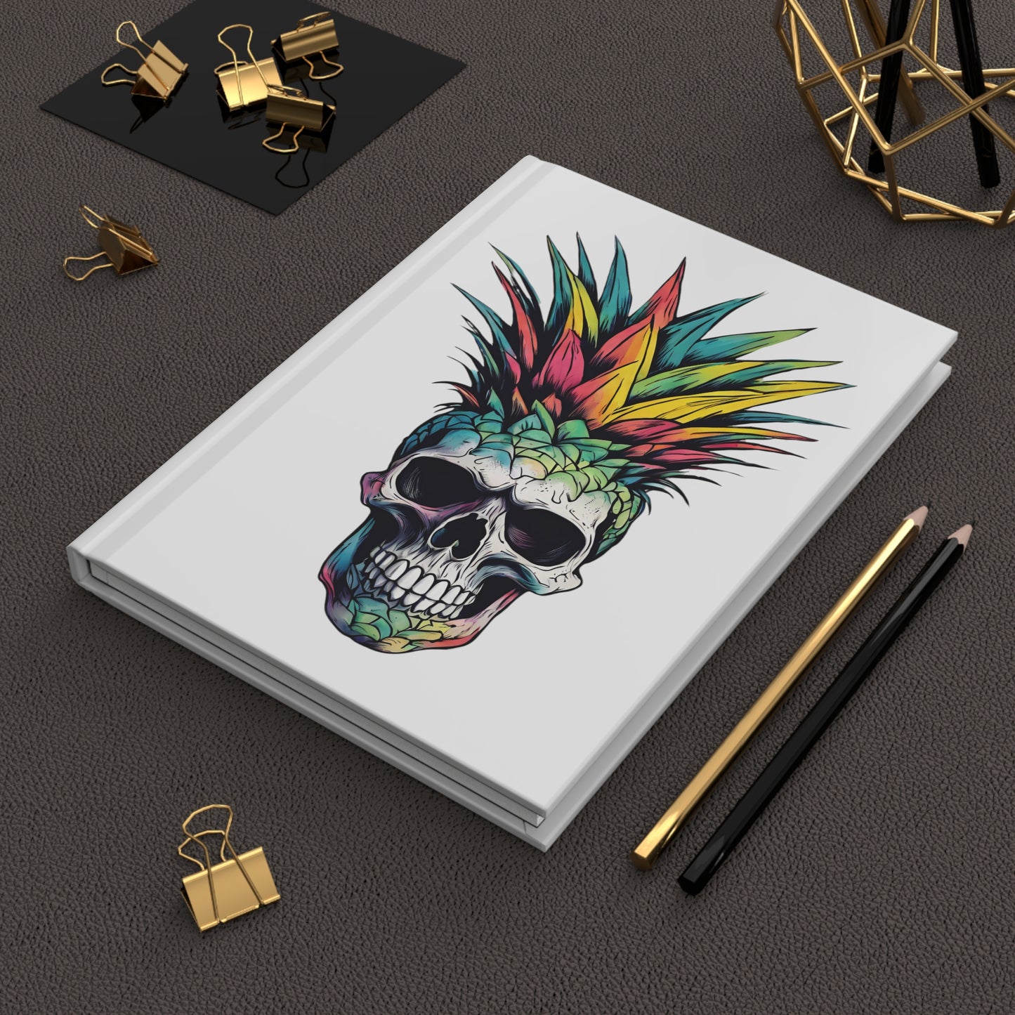 Colorful Pineapple Skull on White Hardcover Journal Matte