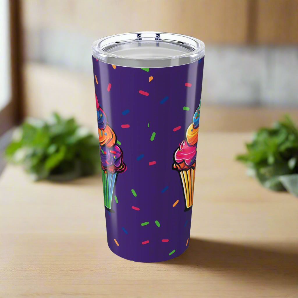 Large Colorful Cupcakes with Sprinkles on Dark Purple Tumbler 20oz Dishwasher Safe