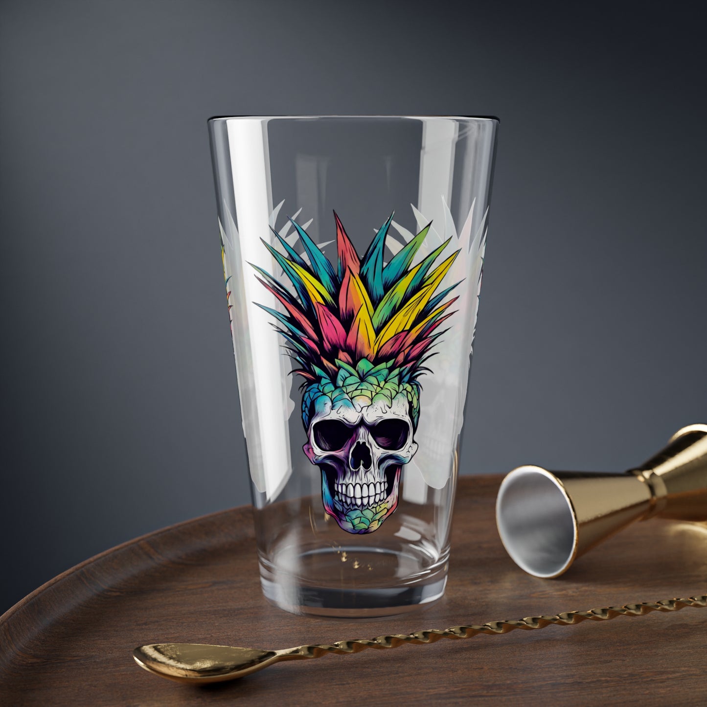 Colorful Pineapple Skull Mixing Glass, 16oz Pint glass
