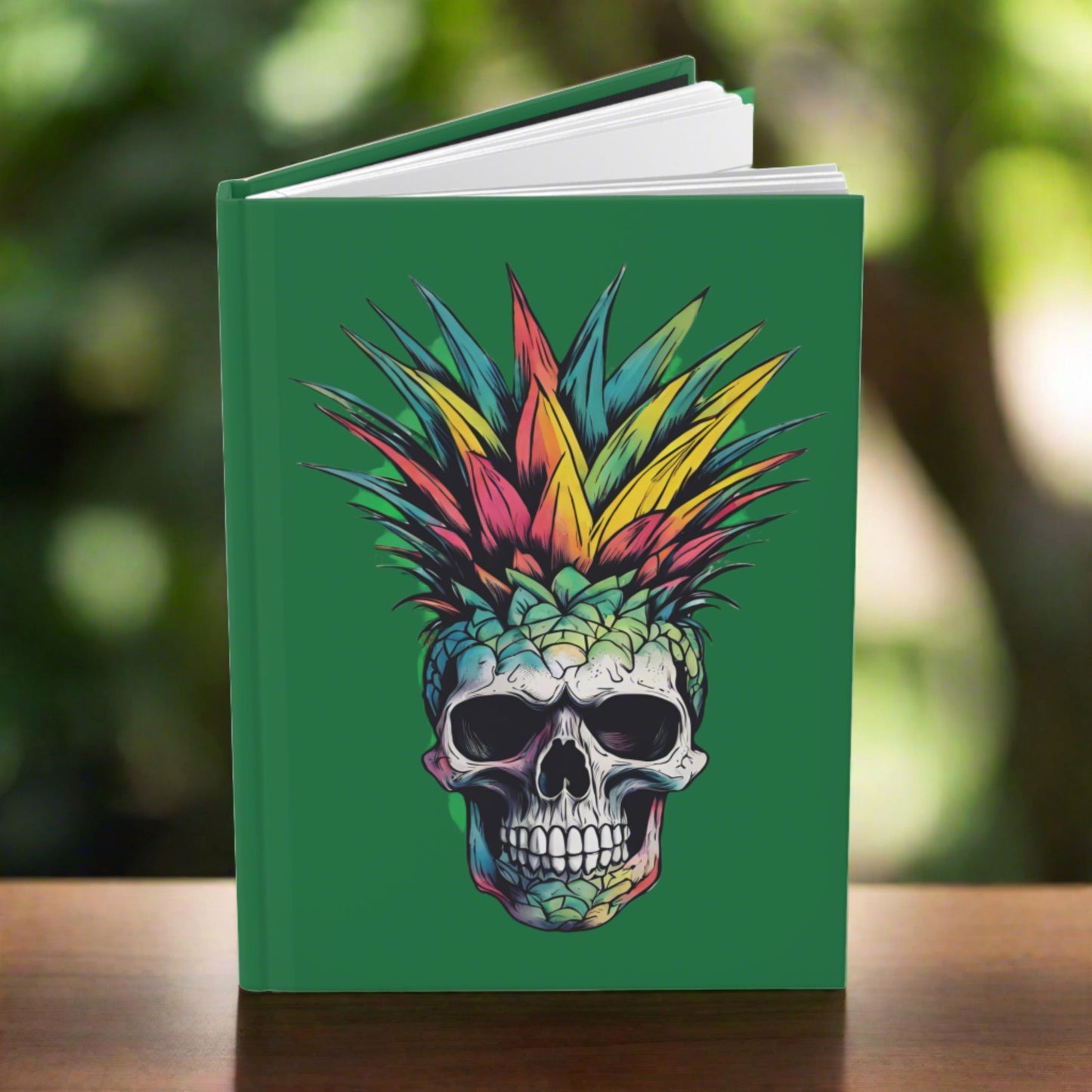 Colorful Pineapple Skull on Dark Green Hardcover Journal Matte