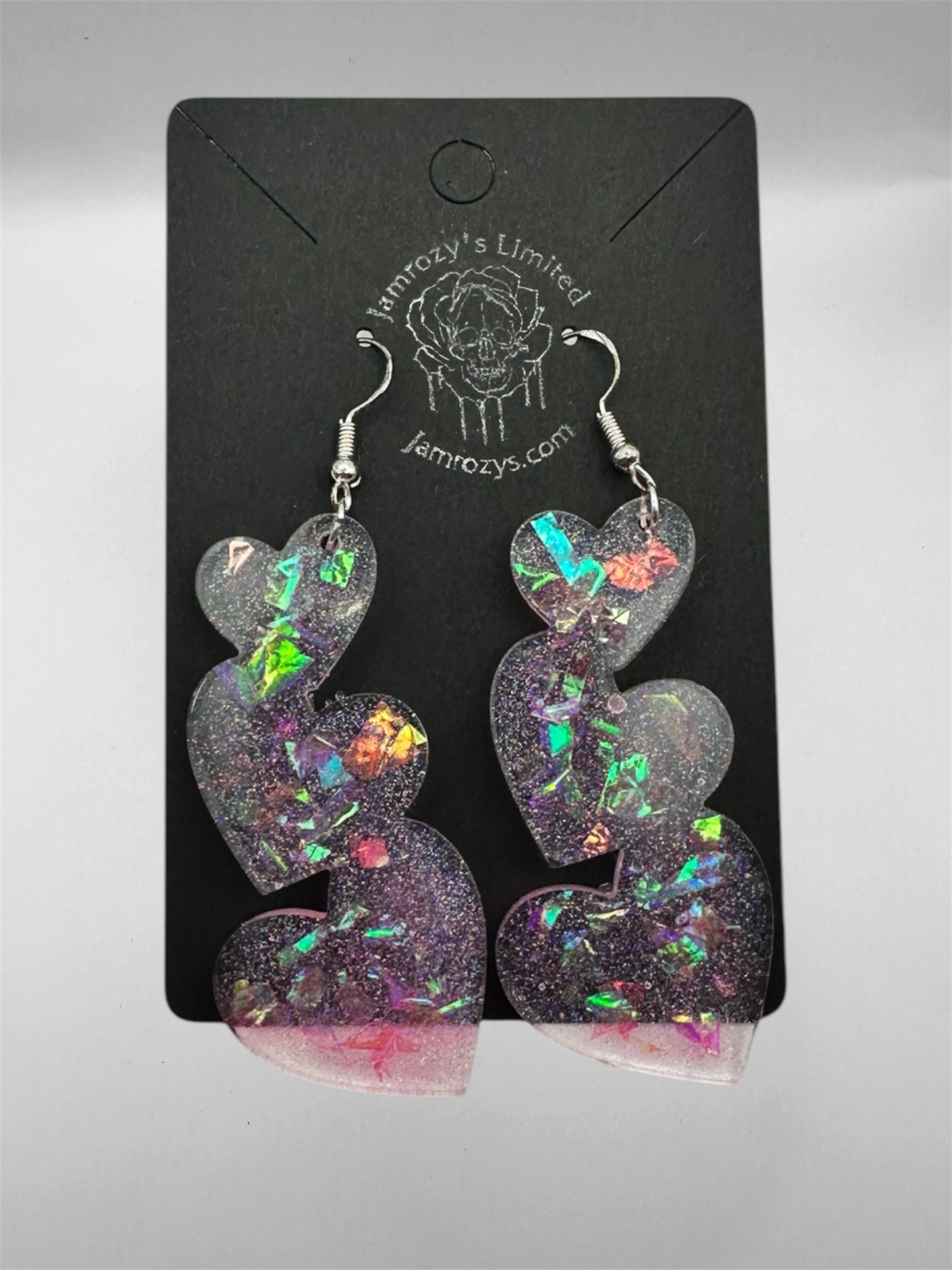 Handmade Triple Pink Glitter & Halo Chunk Hearts Dangle Earrings