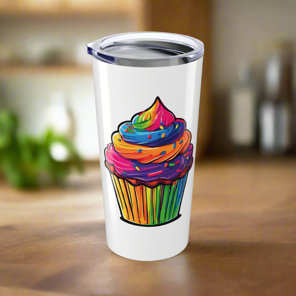 Large Colorful Cupcakes on White Tumbler 20oz Dishwasher Safe
