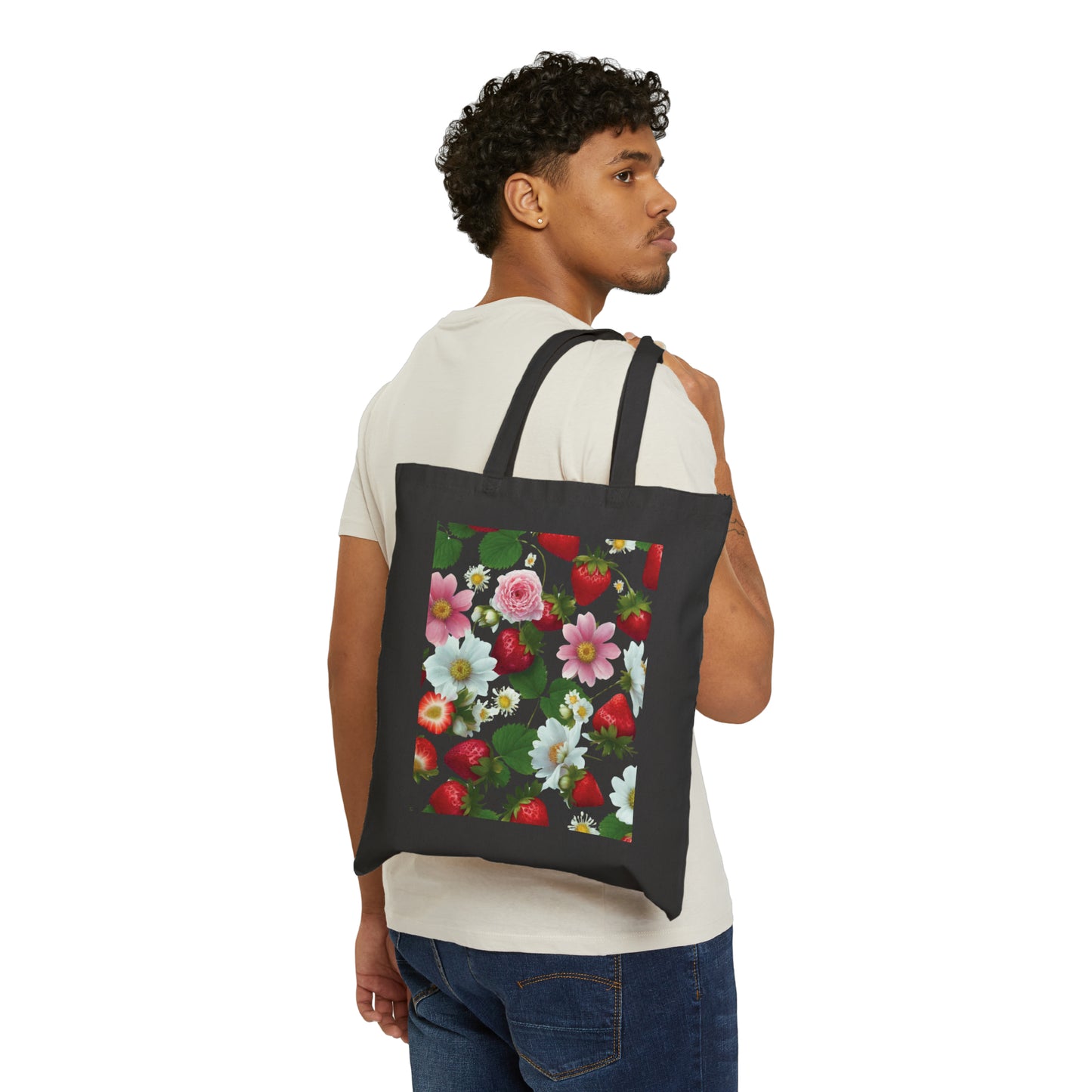 Cotton Canvas Tote Bag with Strawberry Floral Print Front Only