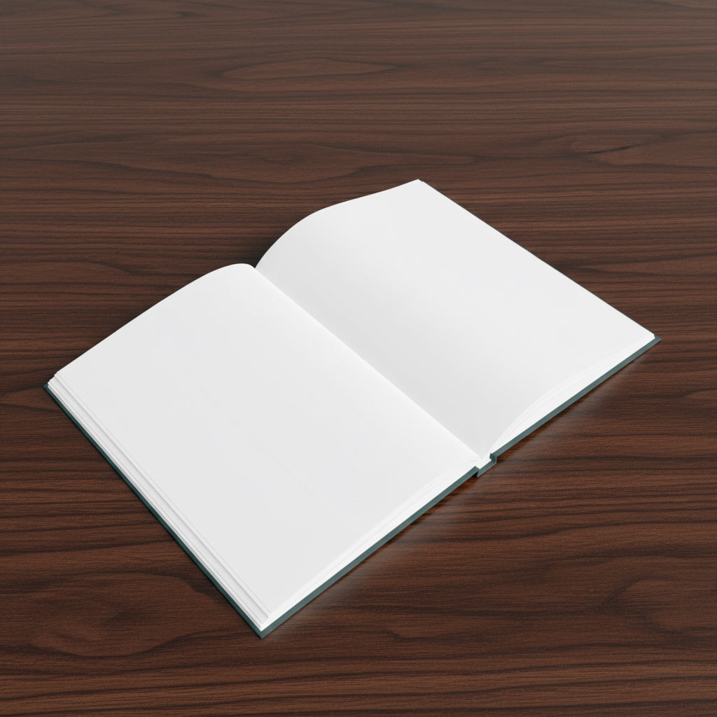 Open notebook with blank pages on a white background