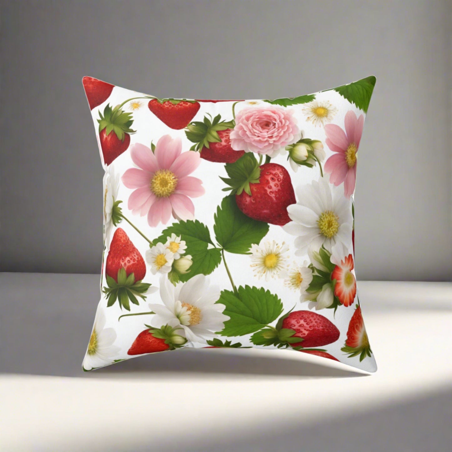 Strawberry Floral Design on Both Sides of Spun Polyester Square Pillow