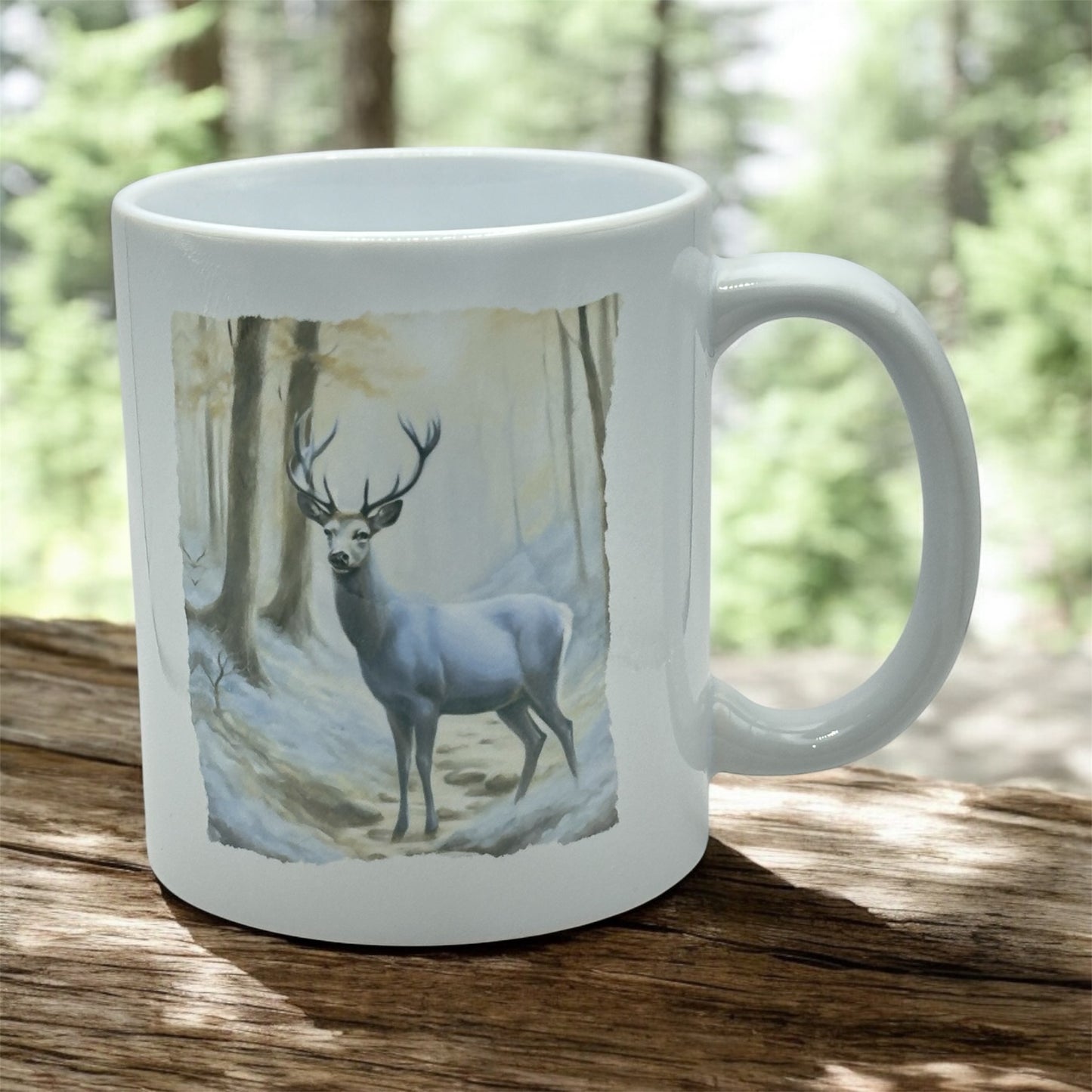 11oz White Ceramic Mug with Blue Deer Winter Wonderland
