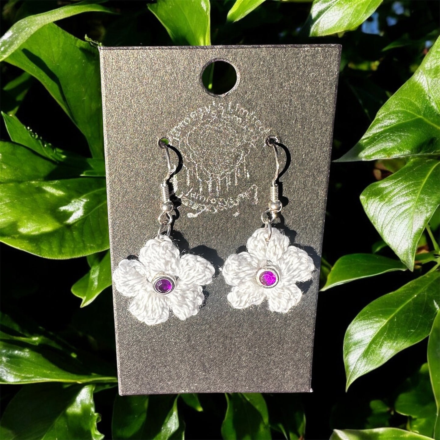 Handmade White Crochet Flowers with Purple Gemstones Dangle Earrings on Sterling Silver Hooks