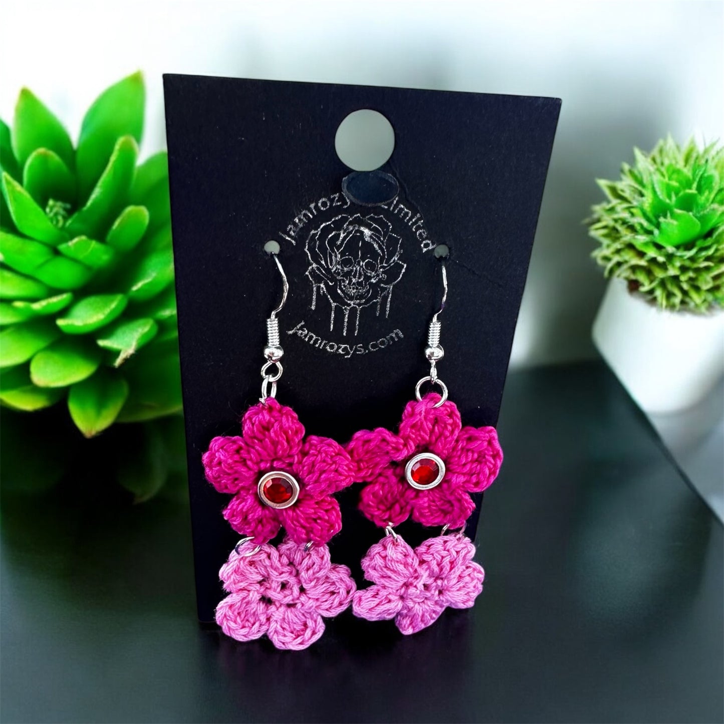 Magenta & Soft Pink Crochet Flowers with Red Jewel Set on Sterling Silver Hooks