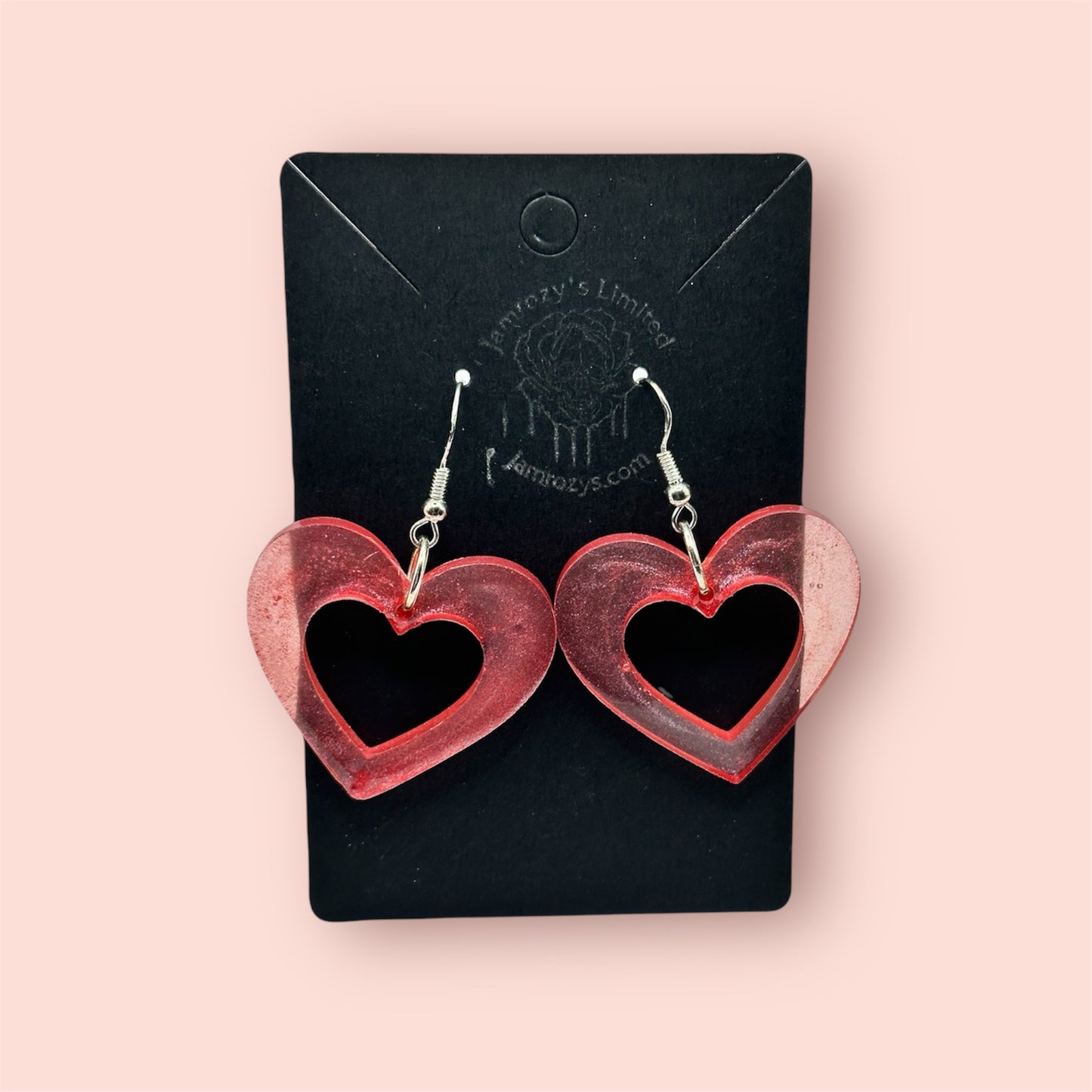 Pinkish-Red Semi-See Through Hollow Heart Dangle Earrings Handmade