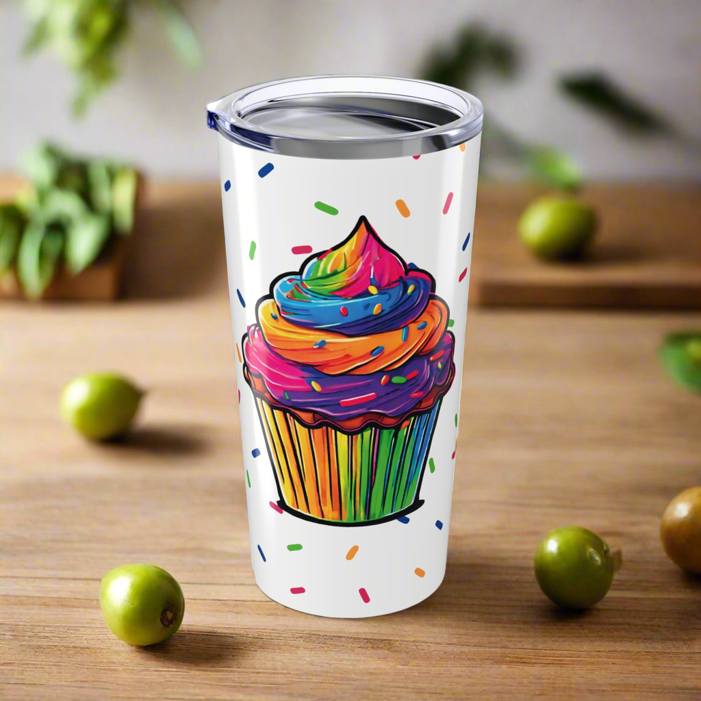 Large Colorful Cupcakes with Sprinkles on White Tumbler 20oz Dishwasher Safe
