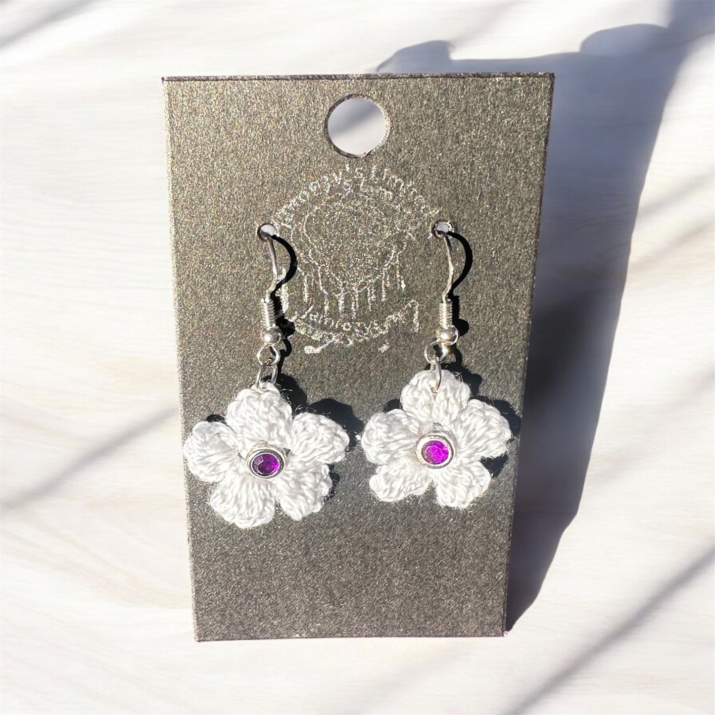 Handmade White Crochet Flowers with Purple Gemstones Dangle Earrings on Sterling Silver Hooks