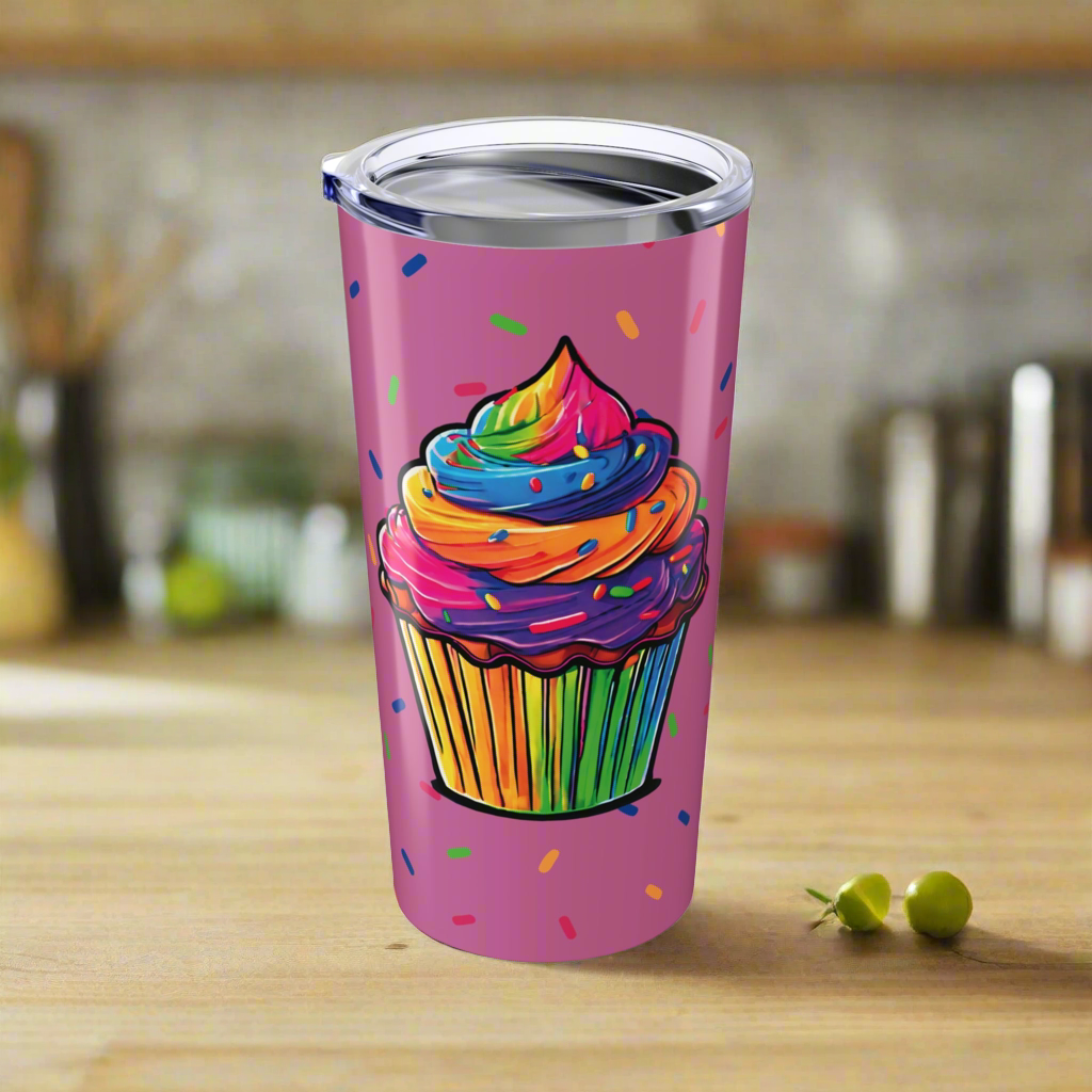 Large Colorful Cupcakes with Sprinkles on Light Pink Tumbler 20oz Dishwasher Safe