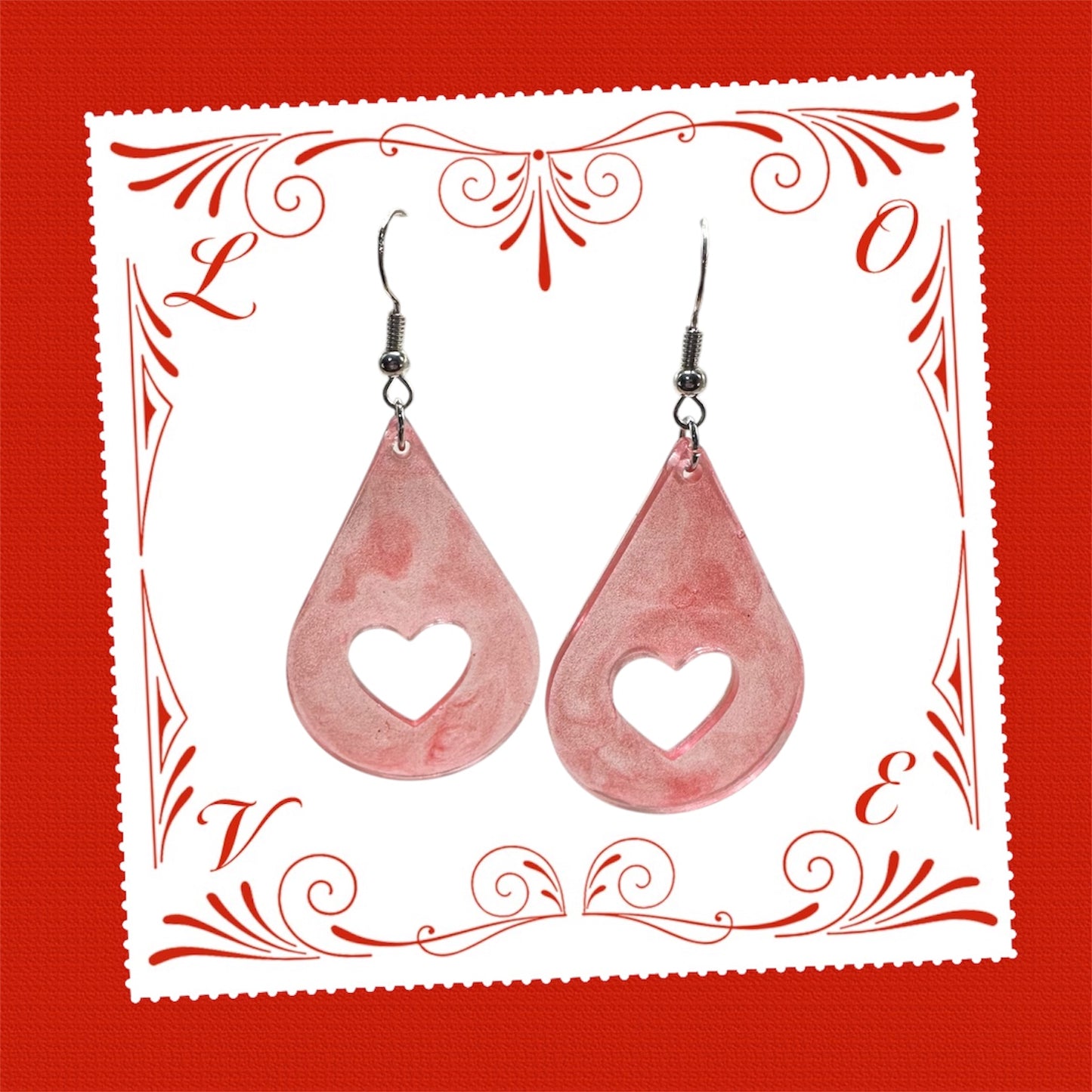 Pinkish-Red Single Heart Punch Dangle Earring Handmade