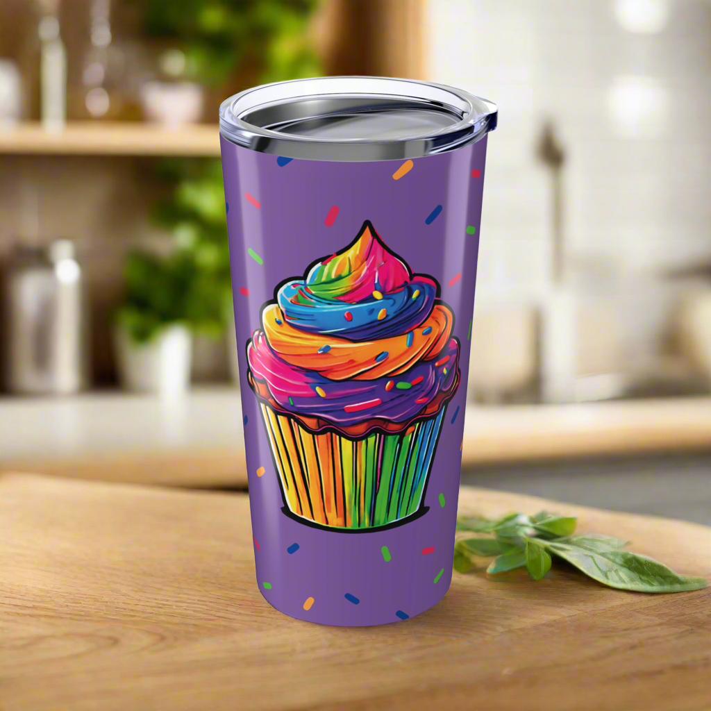 Large Colorful Cupcakes with Sprinkles on Light Purple Tumbler 20oz Dishwasher Safe