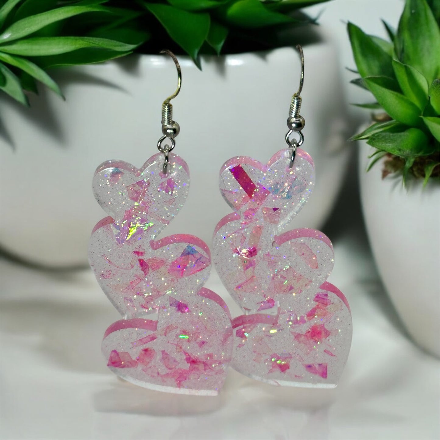 Handmade Triple Pink Glitter & Halo Chunk Hearts Dangle Earrings