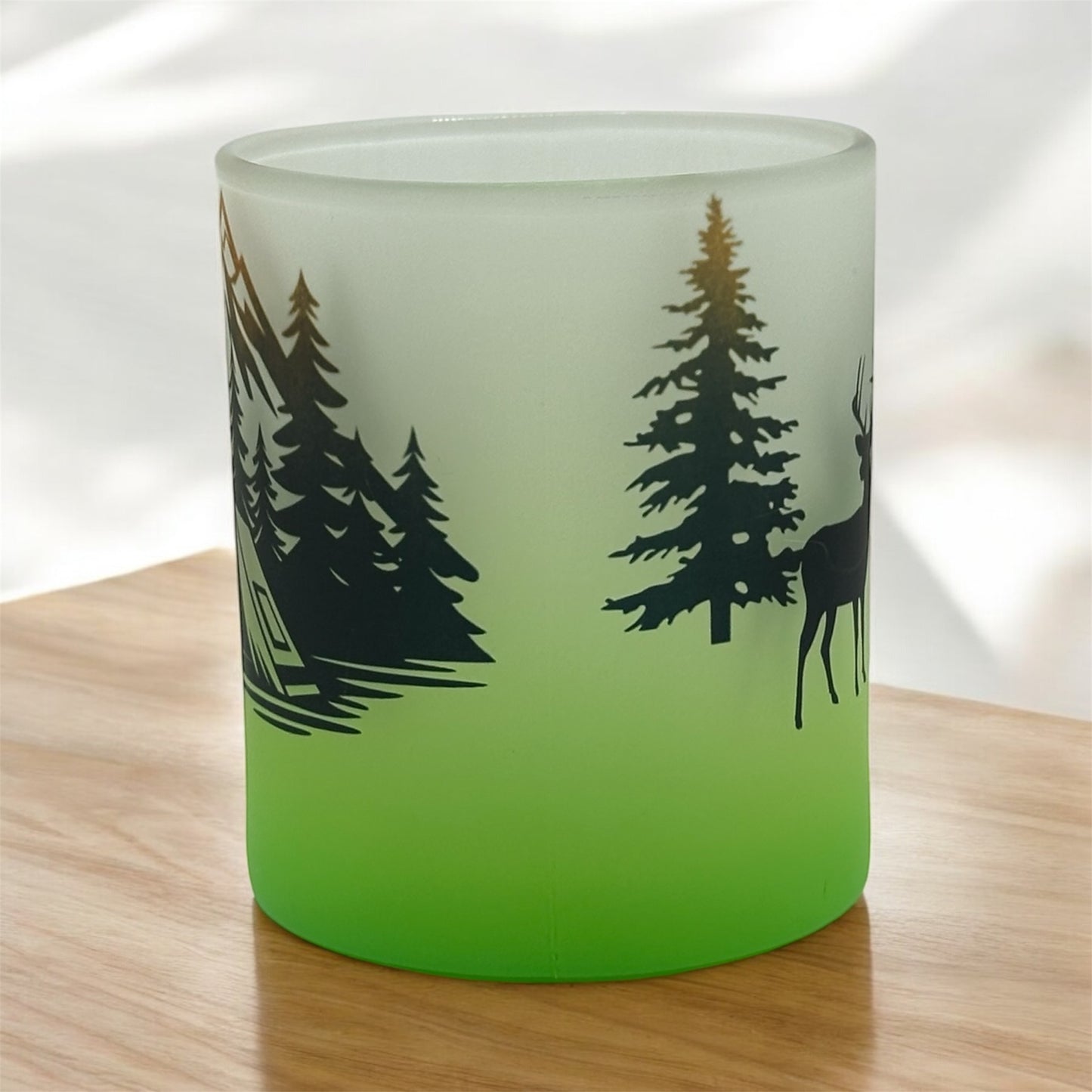 11oz Gradient, Green Frosted Glass Mug Camping Scene