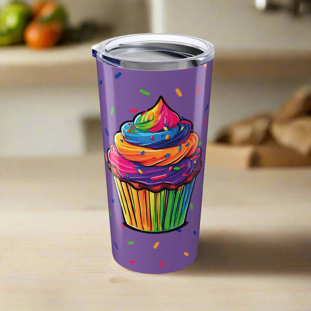 Large Colorful Cupcakes with Sprinkles on Light Purple Tumbler 20oz Dishwasher Safe