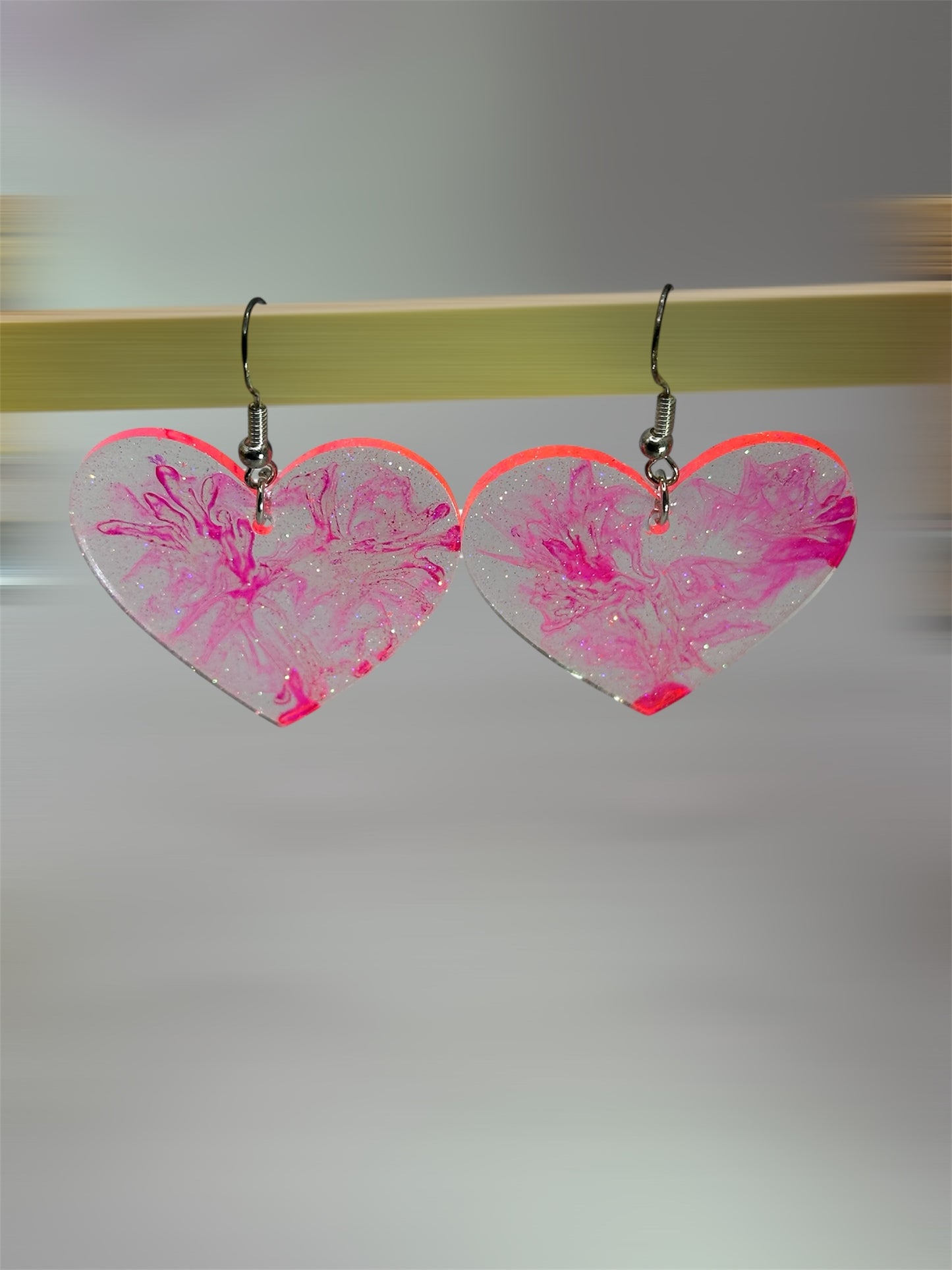 Handmade Glittery Hot Pink Ink Hearts Dangle Earrings