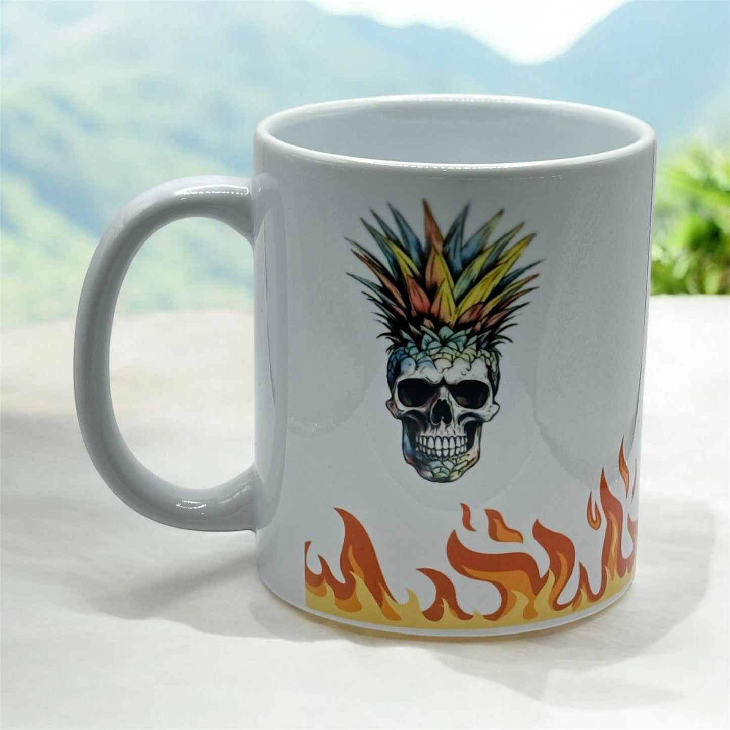 11oz White Ceramic Mug with Flames and Colorful Pineapple Skulls