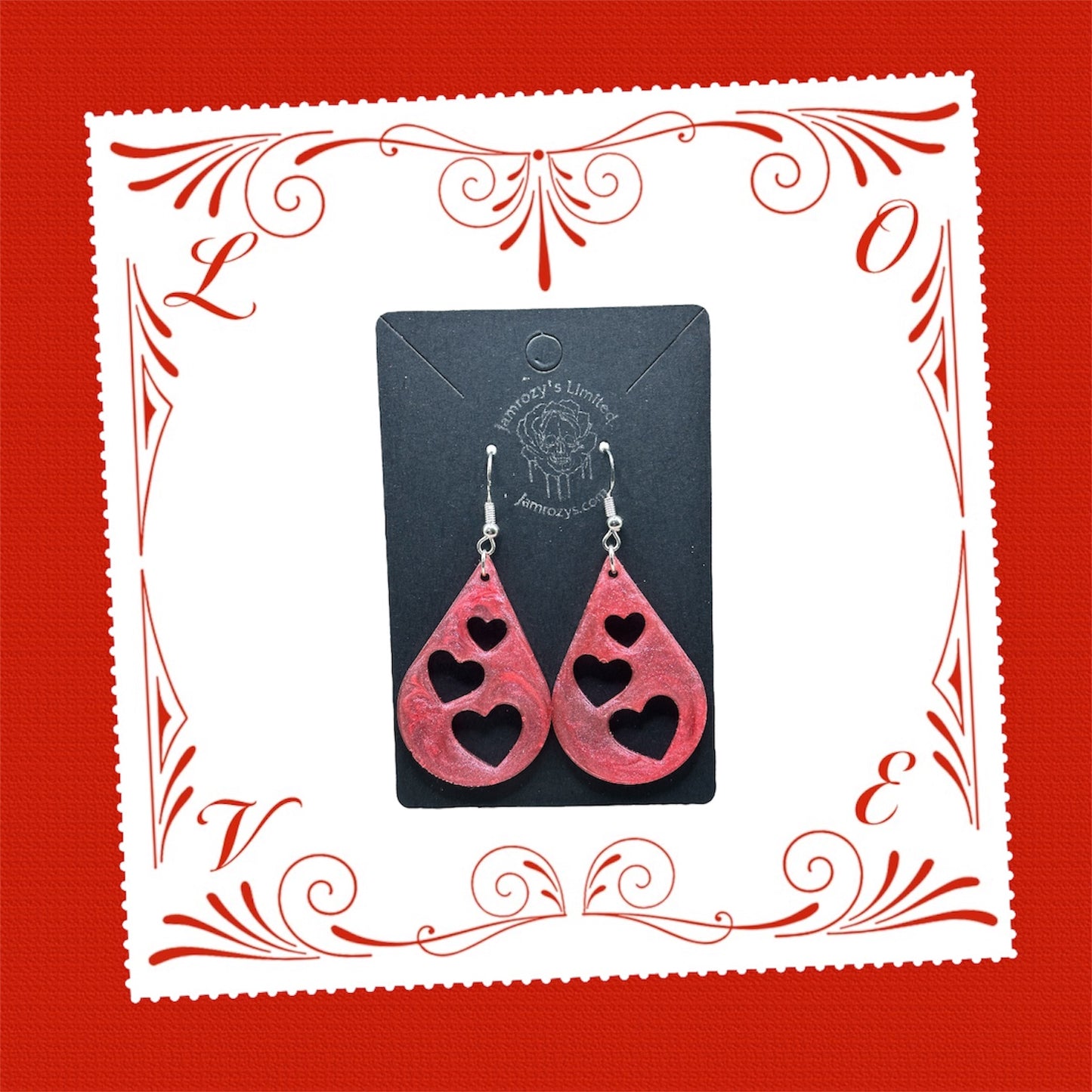 Pinkish-Red Triple Heart Punch Dangle Earring Handmade