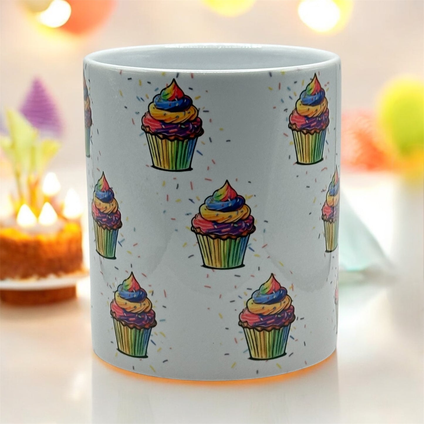 11oz White Mug with Diagonal Cupcakes and Sprinkles