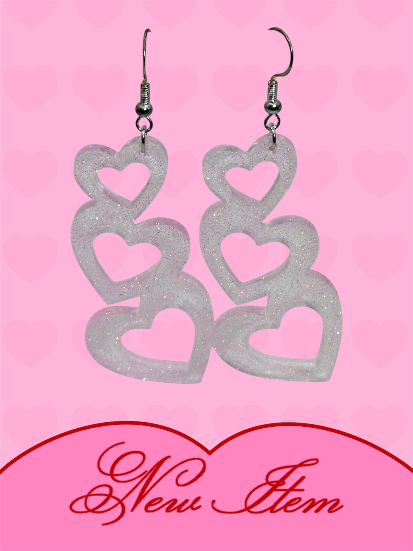 Handmade Triple Pink Glitter Hearts Dangle Earrings