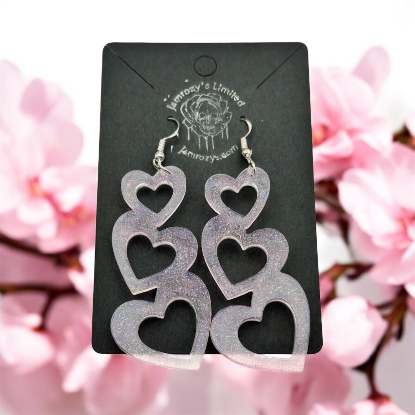 Handmade Triple Pink Glitter Hearts Dangle Earrings