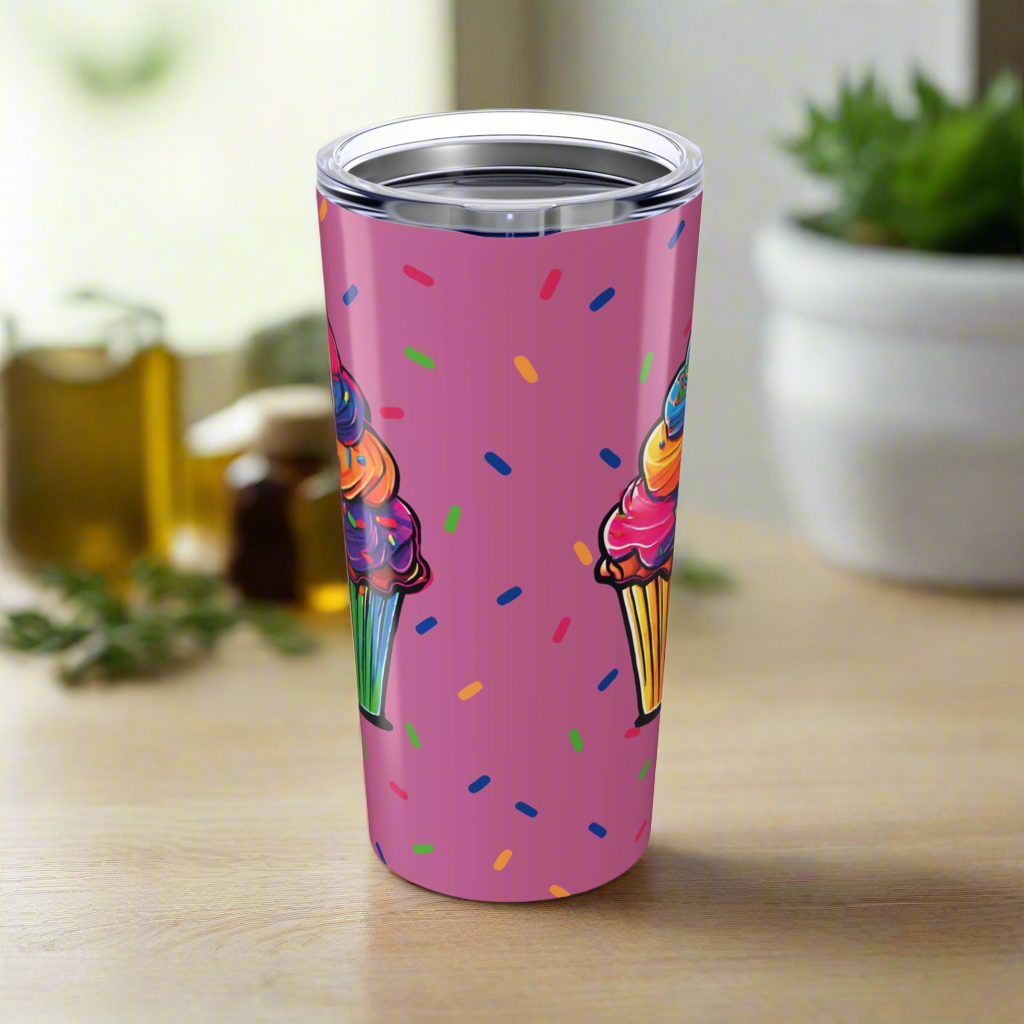 Large Colorful Cupcakes with Sprinkles on Light Pink Tumbler 20oz Dishwasher Safe