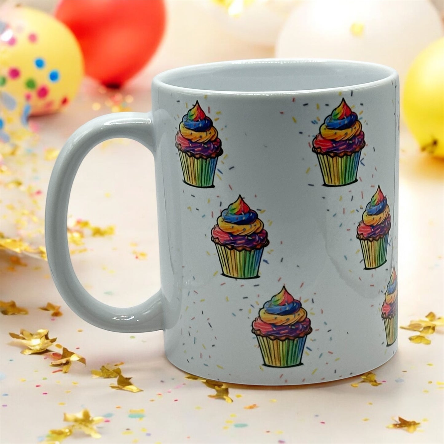 11oz White Mug with Diagonal Cupcakes and Sprinkles