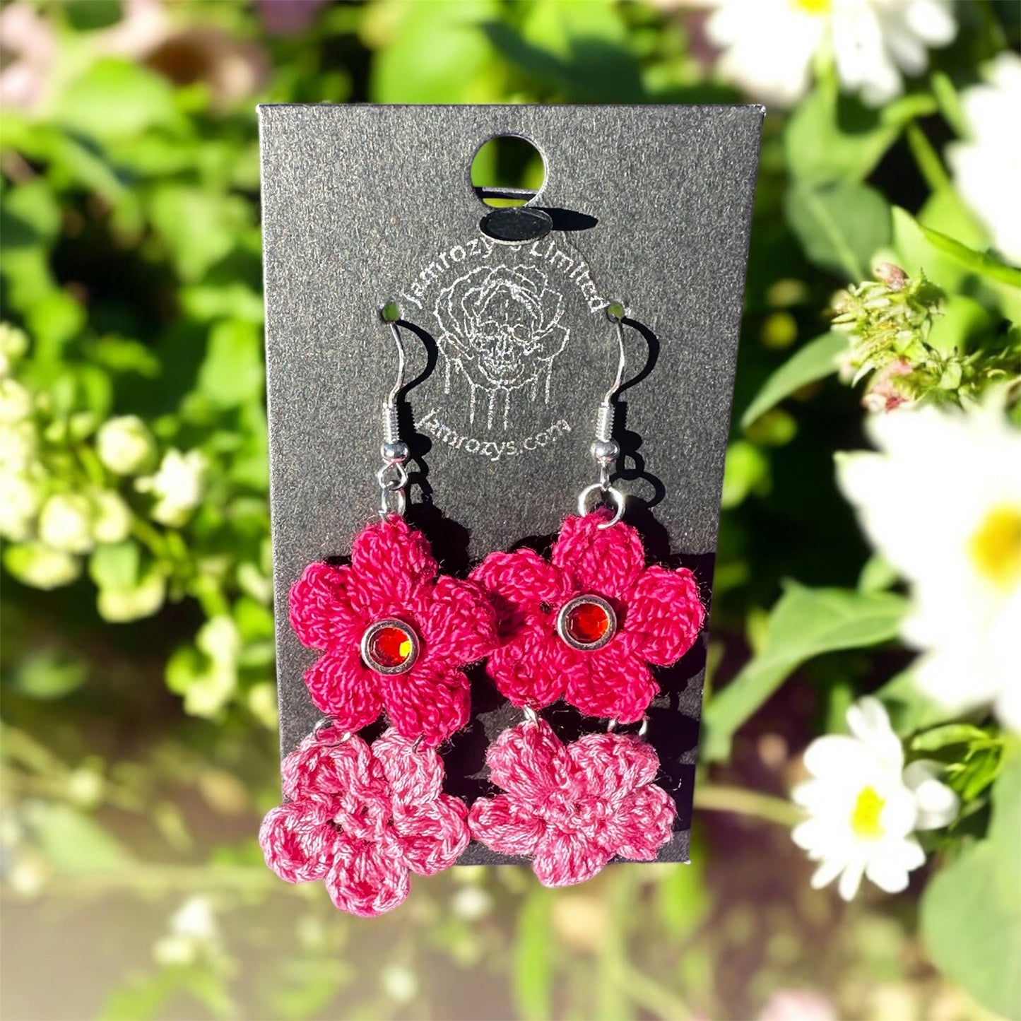 Magenta & Soft Pink Crochet Flowers with Red Jewel Set on Sterling Silver Hooks