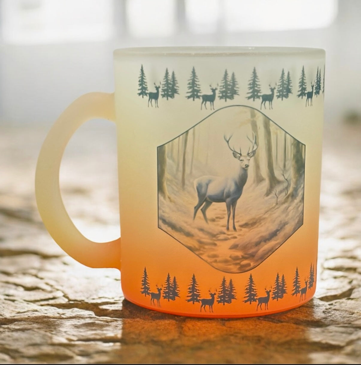 11oz Orange or Green Gradient Frosted Mug with Blue Deer and Border