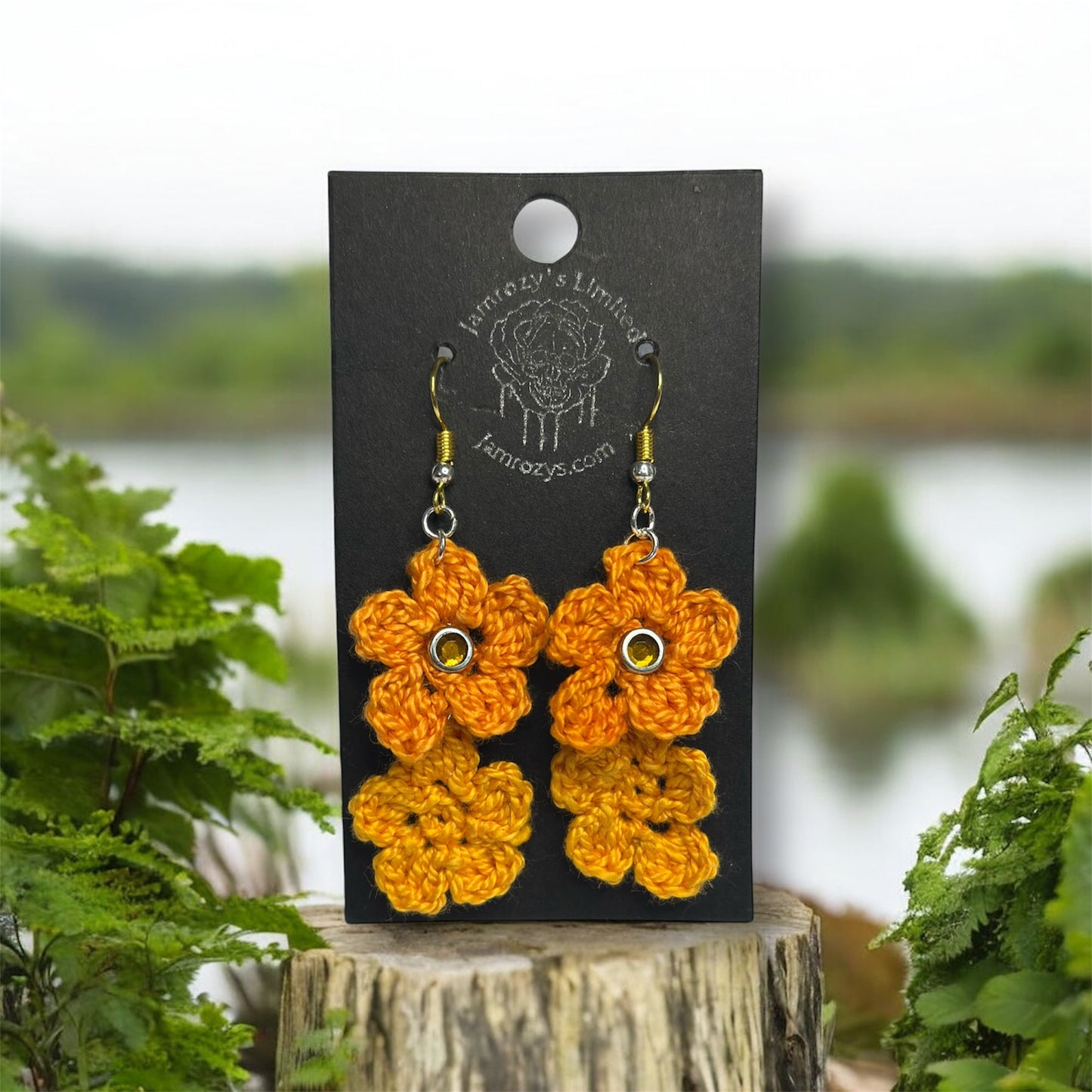 Handmade Fall Festive Crocheted Orange Flowers With Jeweled Brad Accents on 18k Gold Hooks