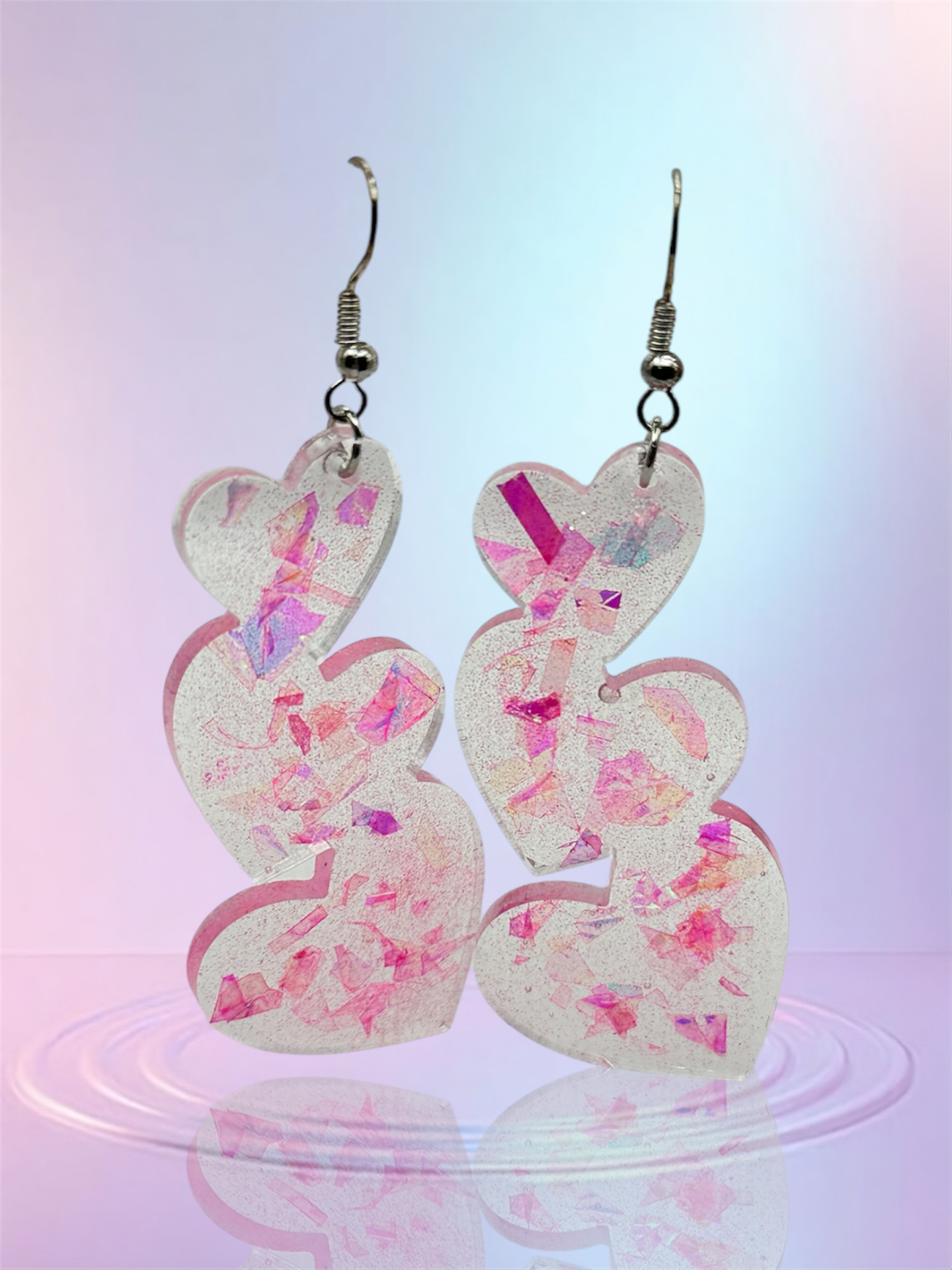 Handmade Triple Pink Glitter & Halo Chunk Hearts Dangle Earrings