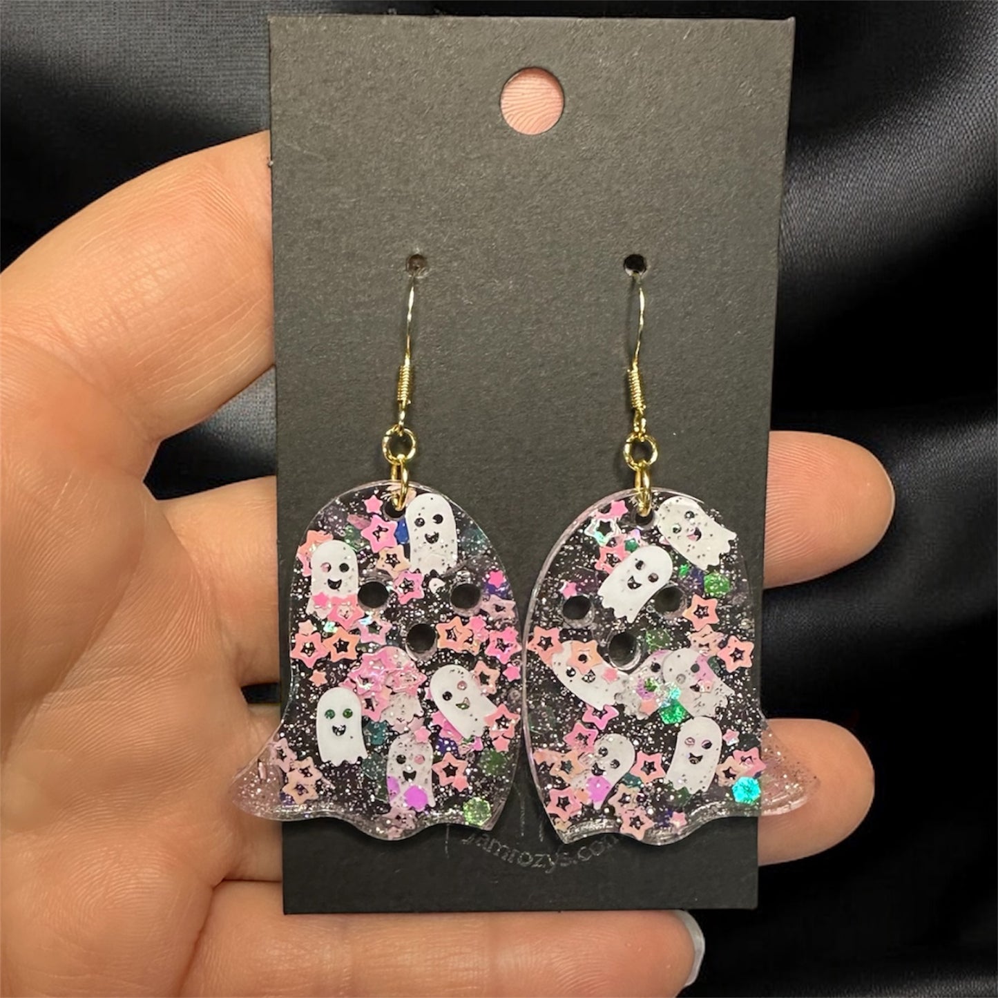 Spooky Cute Ghost Earrings – Handcrafted with Glitter & Stars on 18K Gold Plated Hooks