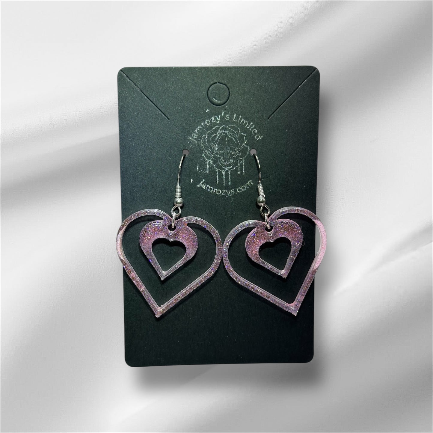 Handmade Glittery Pink Hearts Dangle Earrings