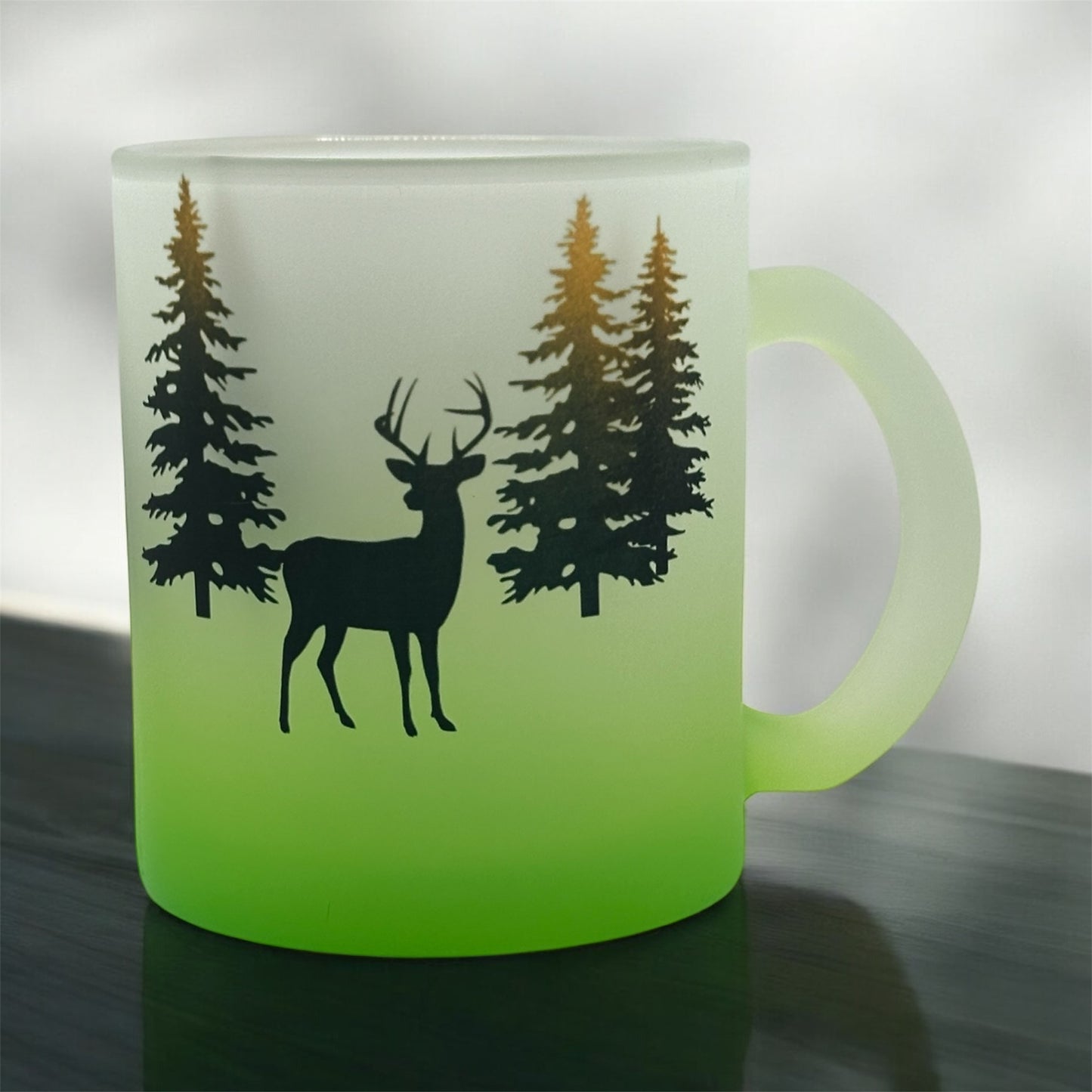 11oz Gradient, Green Frosted Glass Mug Camping Scene