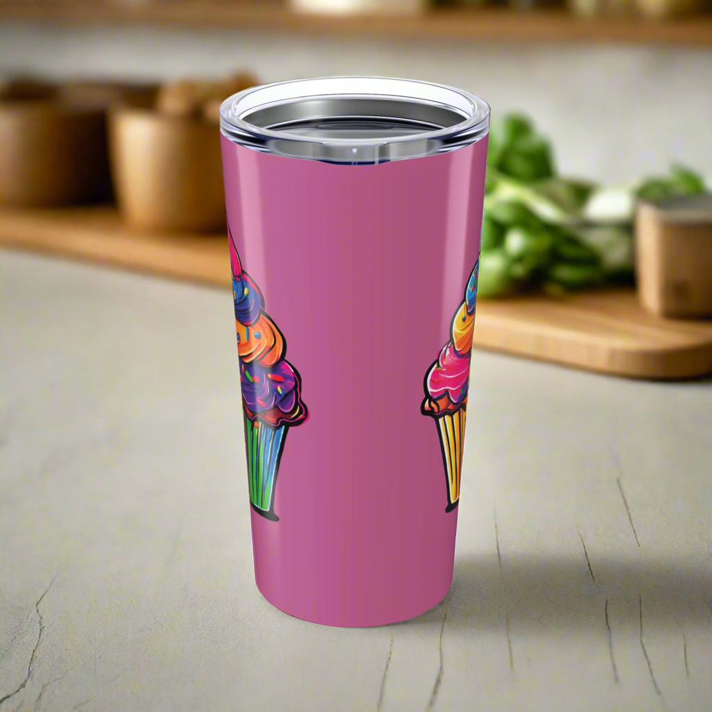 Large Colorful Cupcakes on Light Pink Tumbler 20oz Dishwasher Safe