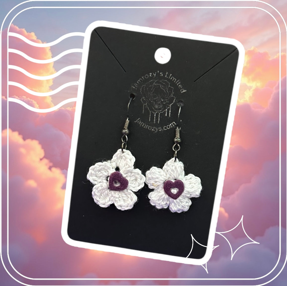 Handmade White Crochet Flower with Purple Velvet Center on Sterling Silver Hooks