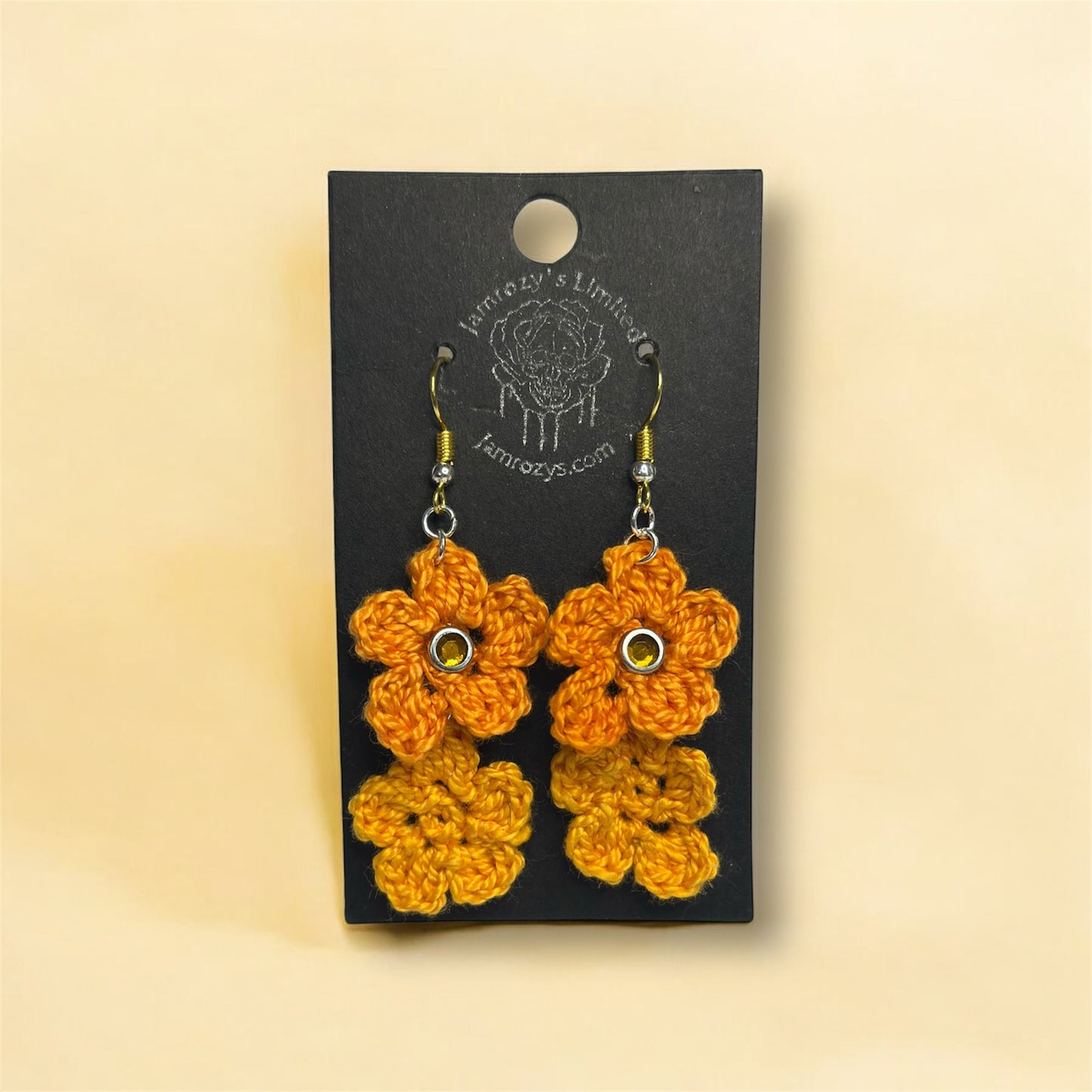 Handmade Fall Festive Crocheted Orange Flowers With Jeweled Brad Accents on 18k Gold Hooks