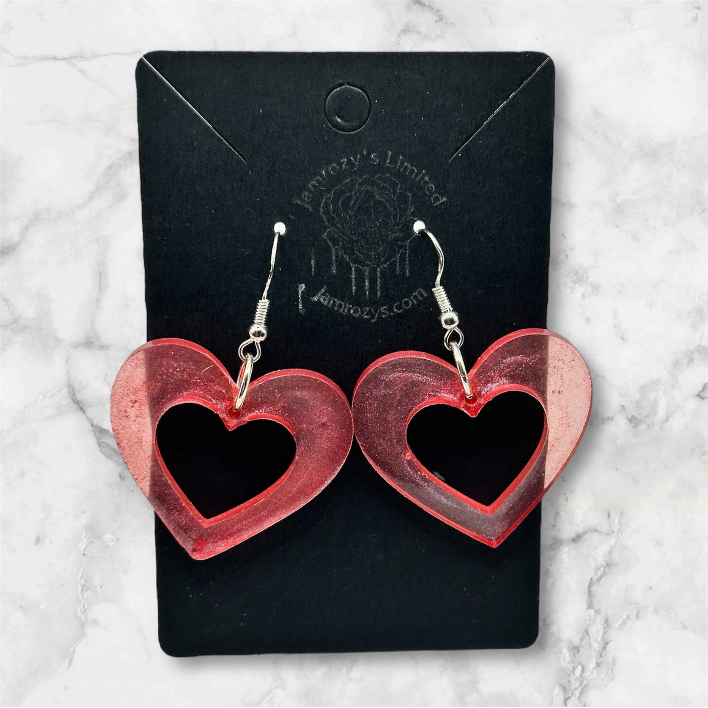 Pinkish-Red Semi-See Through Hollow Heart Dangle Earrings Handmade