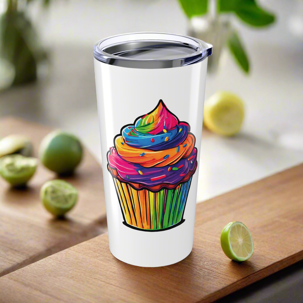 Large Colorful Cupcakes on White Tumbler 20oz Dishwasher Safe
