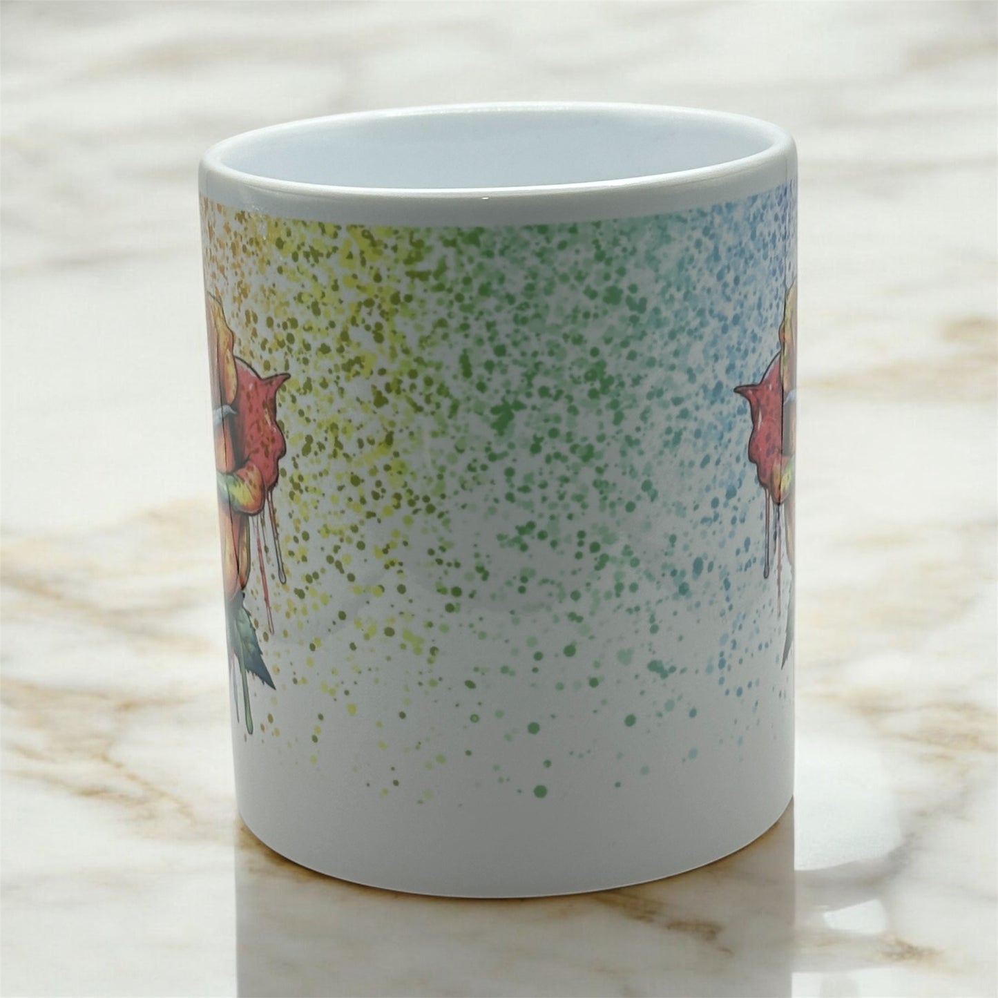 11 ounce white sublimated mug with Rainbow splatter on Rainbow dripping rose