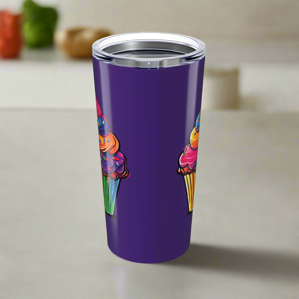 Large Colorful Cupcakes on Dark Purple Tumbler 20oz Dishwasher Safe