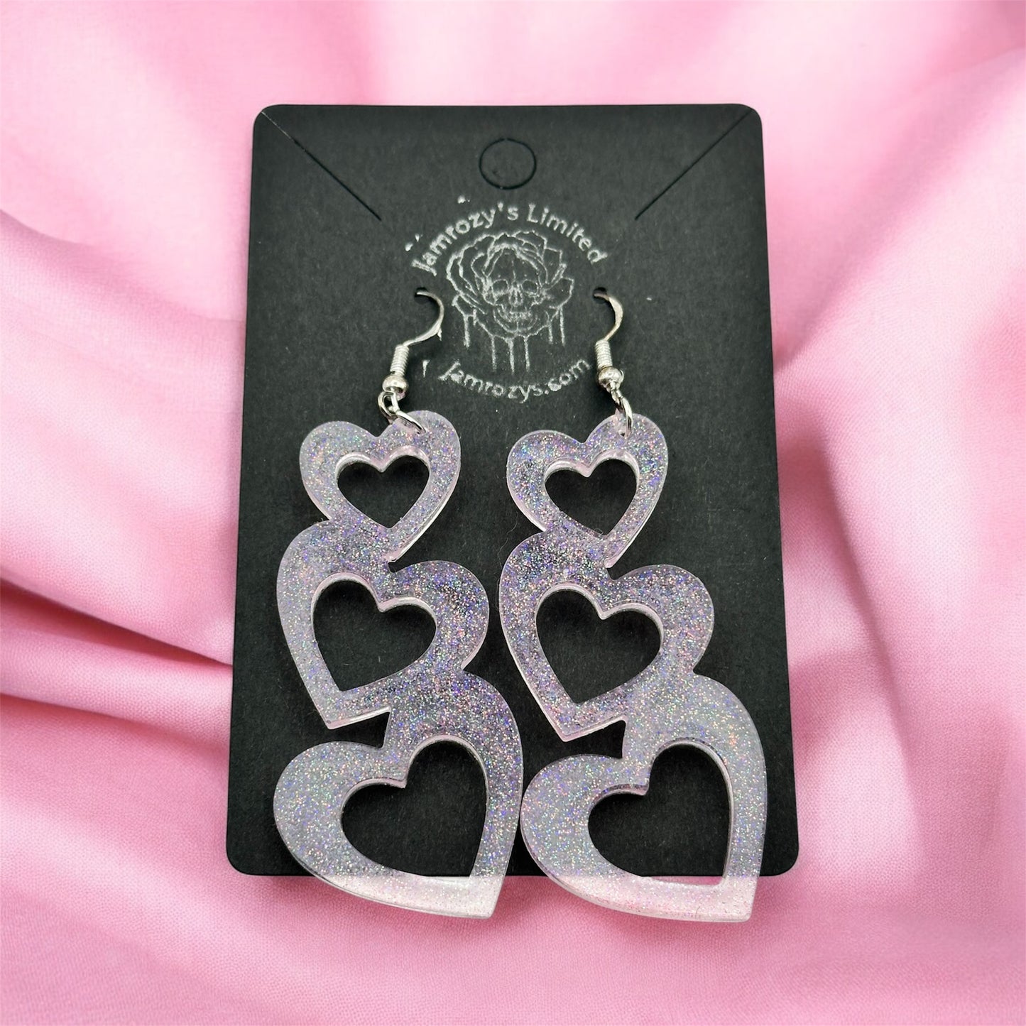 Handmade Triple Pink Glitter Hearts Dangle Earrings