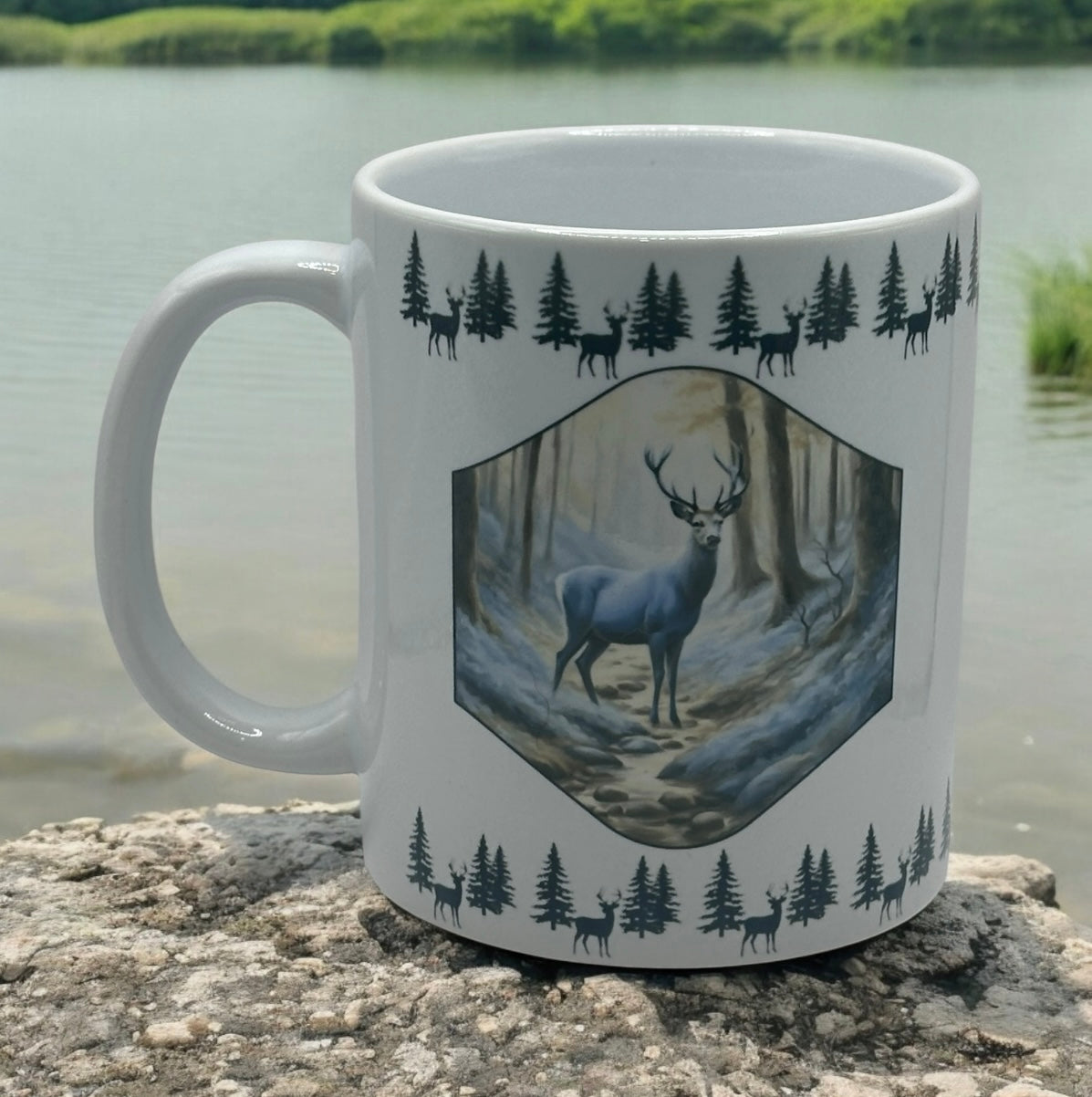 11oz White Ceramic Mug with Blue Deer & Border