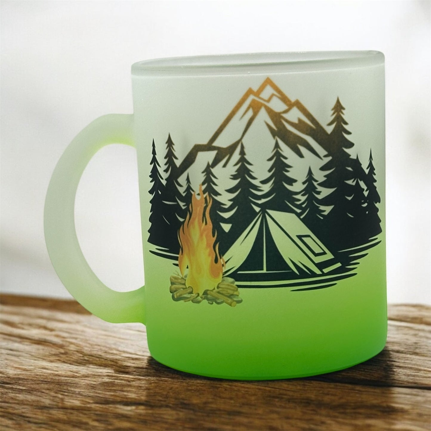 11oz Gradient, Green Frosted Glass Mug Camping Scene
