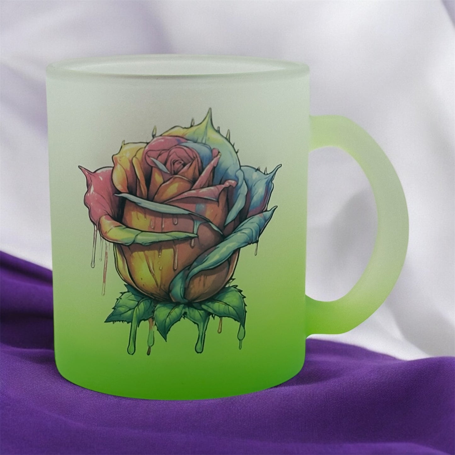 11oz Gradient Green Frosted Glass Mug with Colorful Dripping Rose
