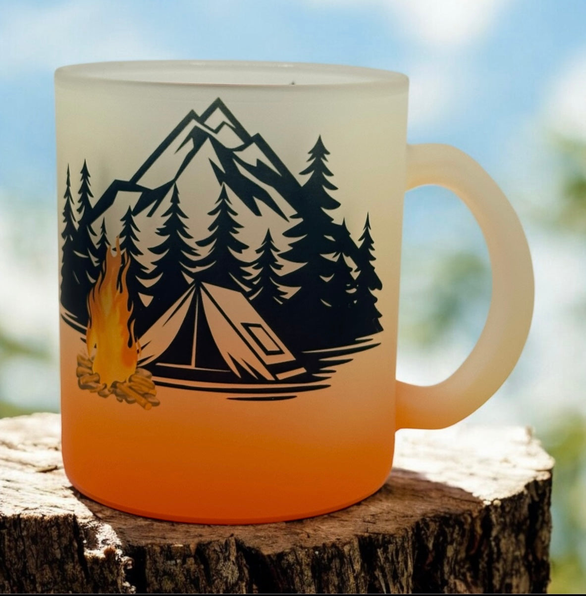 11oz Gradient, Green Frosted Glass Mug Camping Scene