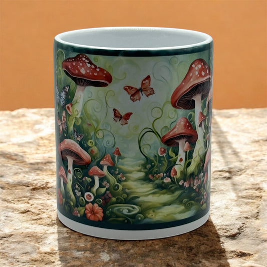 11oz weiße Keramiktasse mit Pilzpfad im Fantasy-Design